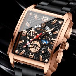 Wristwatches Binbond 6575 Wholesale Square Gold Watches For Men Luxury Original Stainless Steel Waterproof Male Relogio
