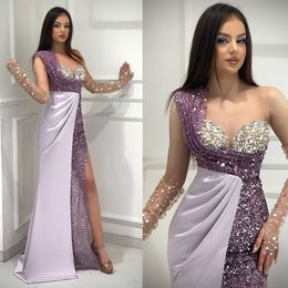 Gorgeous Mermaid Prom Dresses Art Deco-inspired Neck Sleeveless Shining Sequined Satin Side Split Floor Length Custom Made Party Dress Plus Size Vestido De Noite