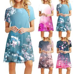 Casual Dresses Women Summer Short Sleeved Crewneck Tee Shirt Dress Swing Fashion Flower Print