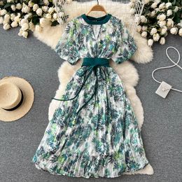 Summer Fresh Fragmented Flower Dress Breathable Chiffon Flowering Lace up Short Sleeve Pleated Ruffle Edge Mid length Dress