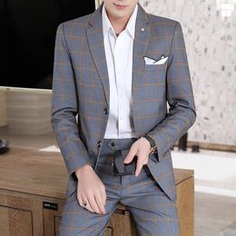 Men's Suits Men's Suit Set Korean Version Slim Type Leisure After Mid-vent Business Plaid Two-piece Wedding Dress
