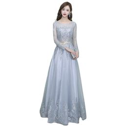 Beauty-Emily O Neck elegant evening dresses Long Crystal Prom Gowns Sequins Formal party Gowns Zipper back Tulle Stage vestidos