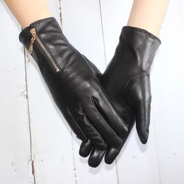 Five Fingers Gloves touch screen women's sheepskin gloves leather fleece lined fashion zipper warm autumn and winter outdoor driving 231114