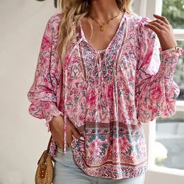 Women's Blouses Shirts Pink Floral Shirt and Autumn Women Top Loose Full Sleeve Streetwear Pullover Outfit Office Lady Dress Up Female Clothing 231114