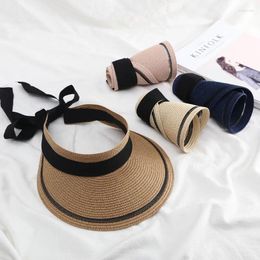 Wide Brim Hats Summer For Women Ribbon Bow Straw Hat Foldable Breathable Empty Top Peaked Cap Outdoor Travel Anti-uv Beach