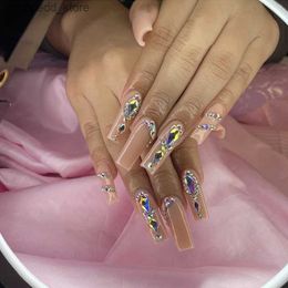 False Nails Rhinestone Glitter Long Fake Nail With Glue 24Pcs/Set Detachable Coffin French False Nails Tips Press On Nail Art Manicure Tool Q231114