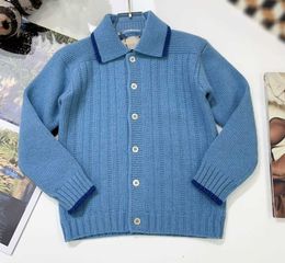 Luxury lapel baby cardigan Pure blue single breasted button kids sweater Size 100-160 High quality child Knitted Jacket Nov10