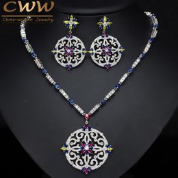 CWWZircons Vintage African Multi Colour Cubic Zirconia Wedding Big Long Drop Necklace and Earrings Bridal Jewellery Set T105 CX2008272m