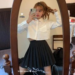 Women's Blouses Shirts Women Cropped Tops Slim White Clothing Long Sleeve College Pockets Daily BF Casual Solid Simple Design Stylish