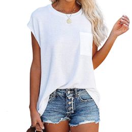 Women's T-Shirt Short Sleeve Chest Pocket T shirt Women Summer Loose Casual Solid Color White Black Street Tshirts O-Neck Tee Tops Femme 230414
