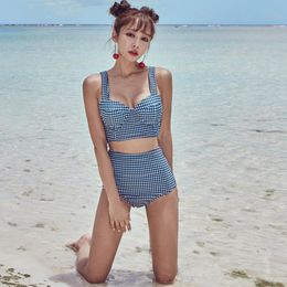 Women's Swimwear Korean trend sexy bathing suit woman highlights body playful high waist bikini blue plaid with steel plate split swimwear 230414