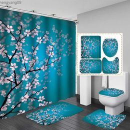 Shower Curtains Cherry Blossom Shower Curtain Set Rug Toilet Cover Bath Mat Spring Sakura Flower Pastoral Bathroom Curtain R231114