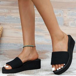 Slippers For Women Summer Non-Slip Fabric Upper Home Heeled Shoes Soft Platform Ladies Casual Daily Flip Flops