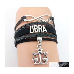 Charm Bracelets Handmade Vintage For Women Zodiac Signs Infinity Love 12 Constellation Virgo Scorpio Men Leather Braided Chain Jewel Dhxtd