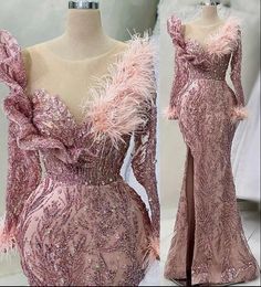 Rose Gold Long Sleeve Aso Ebi Prom Dresses Modern Gillter Beaded Feather Evening Occasion Gown robes de soirEes femmes