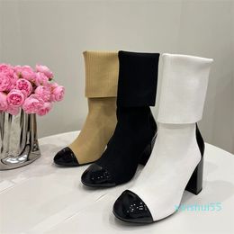 Leather stretch-knit knee Booties high-heeled Sock-like cuff Boots women Slip-on chunky heels luxury designers Fashion evening party shoes