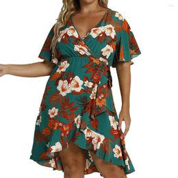 Plus Size Dresses 2023 Summer Floral Print Irregular Hem Deep V-Neck Empire Waist Loose Casual Women's Mini Dress With Belts