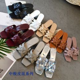 Slippers Designer Summer New Product Leather Premium One Colour Braided Pattern Flat Square Head