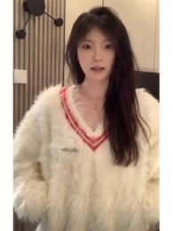 Women's Sweaters Autumn And Winter Soft Mohair V-neck Knitted Thick Loose Lazy Wind Sweater For Women