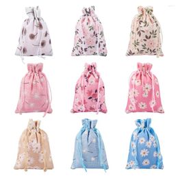 Jewellery Pouches 27pcs Burlap Drawstring Bag Daisy Dandelion Flower Pattern Rectangle Packing DIY Storage Supplies 14.5x10x0.35cm