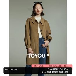 Women's Fur Faux Fur Toyouth Women Double Sided Woollen Overcoat Winter Long Sleeve Polo Collar Warm Thick Coat Retro Advanced Camel Outwear 231114