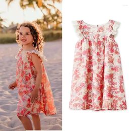 Girl Dresses Children Beach Style Dress 2023 Summer Girls Sweet Floral Linen Cotton Kids Fancy Frocks 1-10 Years Clothing