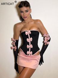 Two Piece Dress Articat Sexy Strapless Bows Trim Women Sets Black Gloves Tops Pink Skirts Female Summer Skinny Fashion Party Clubwear 230413