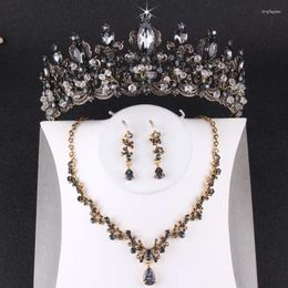 Hair Clips Baroque Vintage Black Crystal Tiaras Crowns Necklace Earrings Set Faux Pearl Bridal Jewelry Sets For Women Wedding Accessories