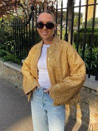 Womens Jackets Fashion Sequin Gold Croped Jacket Women Stand Collar Long Sleeve Loose Coats Autumn Casual Single Breasted Coat Streetwear 231113