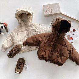 Jackets 2023 Winter Baby Cute Bear Ear Hooded Coat Plus Velvet Thick Children Solid Casual Jacket Boys Girls Windproof Padded