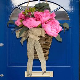 Decorative Flowers Heart Boxwood Spring Pink Peony Bow Flower Basket Wreath Door Hanging Home Decor Summer Front Advent Wealth