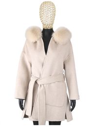 Womens Fur Faux FURYOUME Cashmere Wool Coat Real Fox Collar Jacket Winter Long Fashion Loose Outerwear Casaco For Women With Belt 231113