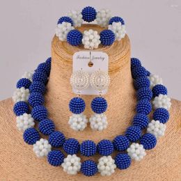 Necklace Earrings Set Beautiful Royal Blue And White Crystal Bead African Nigerian Beads FZZ96-03