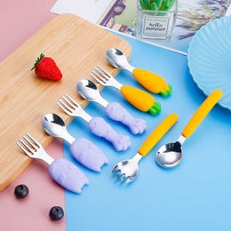 Cups Dishes Utensils Silicone Baby Spoon Forks Set Cartoon Cat Shaped Dishes for Baby Stainless Steel Spoon Baby Feeding Tableware Baby Items 3PCS AA230413