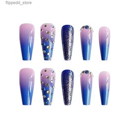 False Nails HEALLOR 24Pcs Gradient Blue False Nails Glitter Star River Fake Nails for Women Girls Fake Nail Patch Press-on Nails MH88 Q231114