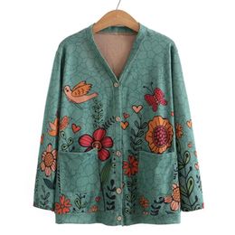 Women's Knits Tees 8XL Plus Size Cardigan Women Spring Print V-Neck Two Pockets Jumpers Long Sleeve Outewear Oversize Curve Clothes 231114