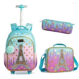 School Bags Children Bag Set With Wheels Trolley Lunch Teenagers Students Backpack Wheeled For Girls