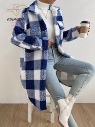 Womens Wool Blends Coat Autumn Winter Plush Plaid Lapel Temperament Long Style Jacket Loose Casual Singlebreasted Female Tops 231113