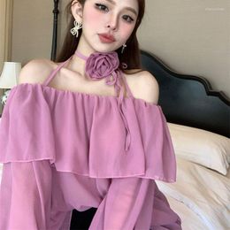 Women's Blouses HSA Floral Pink Blouse Women French Style Chic Slash Neck Flare Long Sleeve Off Shoulder Slim Ruffles Crop Tops Sexy Shirt