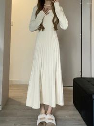 Casual Dresses Women Autumn Winter Waist Wrapped Knitted Dress Vertical Stripe Gentle Style Outward Wear Slim Fit Underlay Coat Long