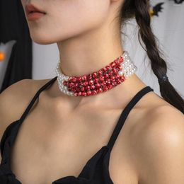 Choker Gothic Women Pearl Necklace Creative Halloween Ball Theme Party Blood Drop Tassel Collar For