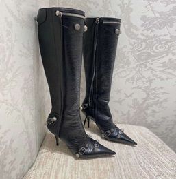 Boots Cagole lambskin leather knee-high boots stud buckle embellished side zip shoes pointed Toe stiletto luxury designers shoe for Trendy shoes