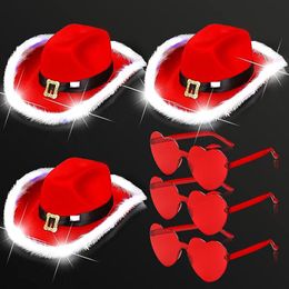 10pcs Santa Claus Cowboy Hat Glow White Ruffled Western Cowboy Hat Glitter Feather Edge Christmas felt LED flash Cap