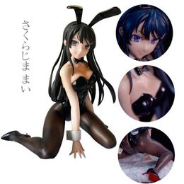 Action Toy Figures 13CM Japan Hot Anime Figure Young Piggy Series Sakurajima Mai Sexy Black Silk Bunny Girl Kneeling Stance Doll PVC Collection Toy AA230413