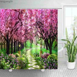 Shower Curtains Spring Rural Landscape Shower Curtains Set Pink Flowers Tree Forest Natural Green Plant Scenery With Bathroom Decor R231114