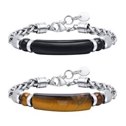 Stainless Steel Black Agate Tiger Eye Stone ID Bracelet Braided Chain For Mens Women 10mm 8.26''