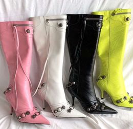 Cagole lambskin leather knee-high boots stud buckle embellished side zip shoes pointed Toe stiletto heell tall boot luxury designers shoe for women factory footwear