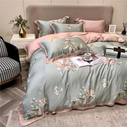 Bedding Sets 2023 Four-piece Simple Cotton Double Household Bed Sheet Quilt Cover Embroidered Comfortable Floral Blue Pink Color
