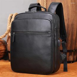 School Bags High Capacity Leather Backpack Real Cowskin Computer Bag Black Men's Genuine Laptop Backpacks 13 14 Inch Daypack