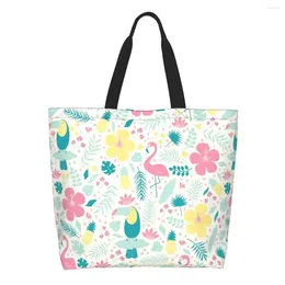 Shopping Bags Custom Flamingos And Leaves Canvas Women Reusable Large Capacity Groceries Tropical Pattern Shopper Tote